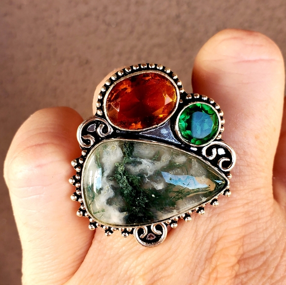 New Huge Moss Agate and Citrine 925 Silver Ring. - Picture 9 of 16